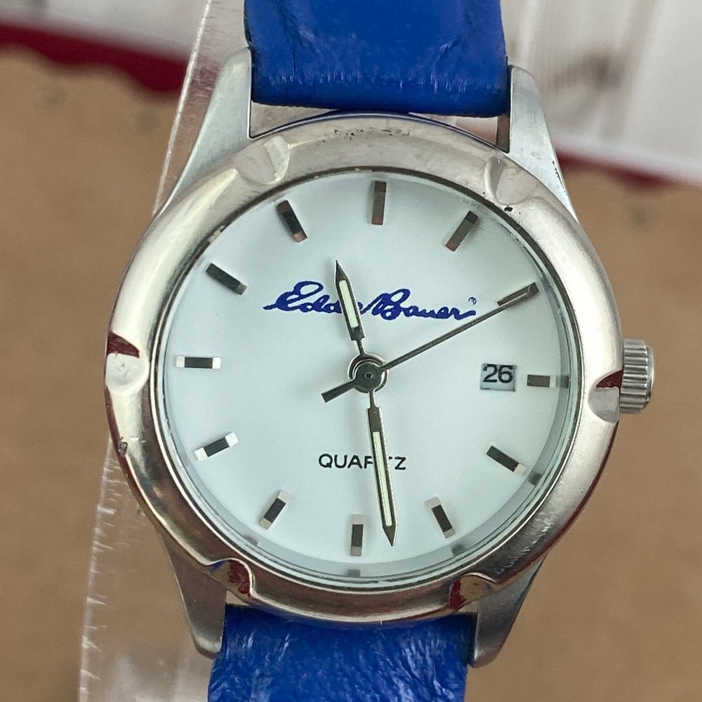 Vintage Silver Tone Eddie Bauer Watch New Blue 8 Inch Strap